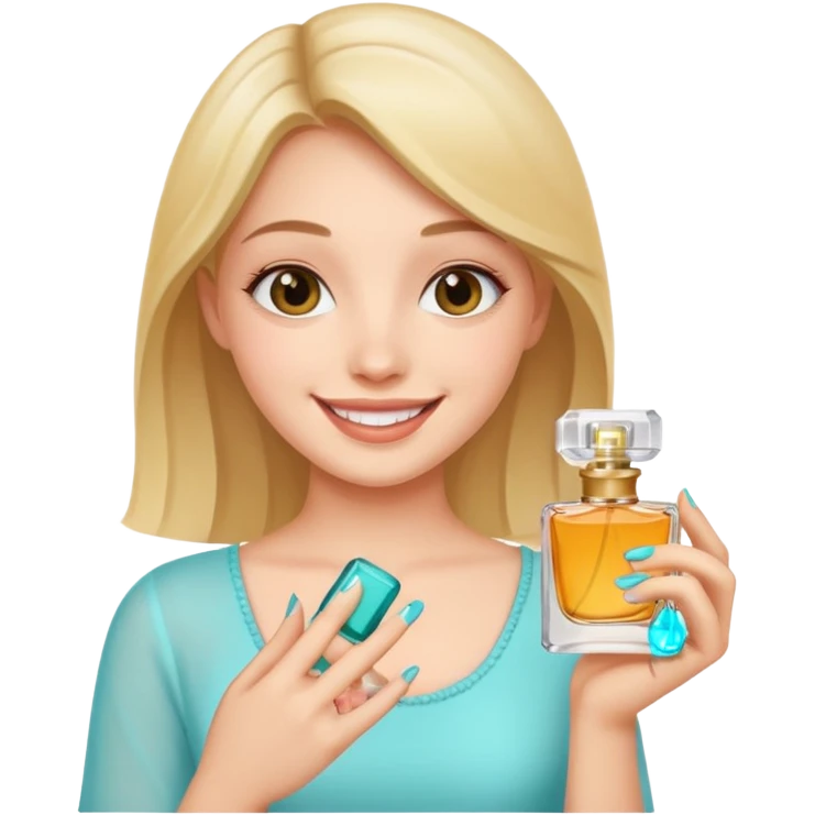 pretty girl holding parfume with smile emoji