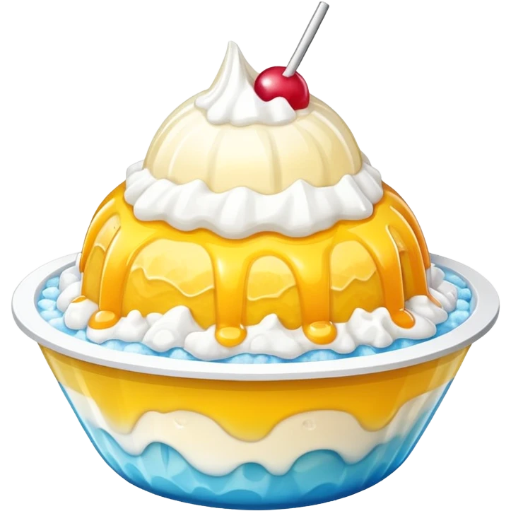 white shaved ice dessert topped with yellow syrup emoji
