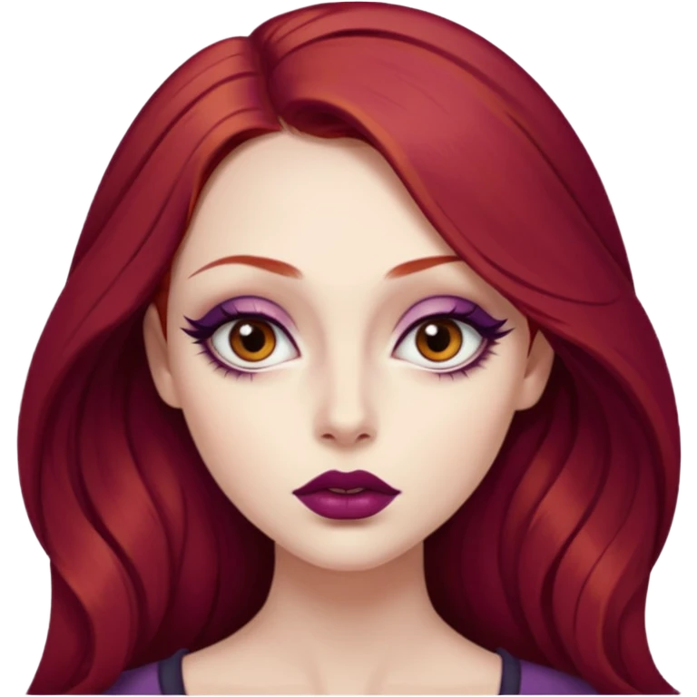 A young woman with long, deep red hair and smooth porcelain skin. She has large, expressive eyes accentuated by winged eyeliner and warm-toned eyeshadow. Her full lips are painted with deep plum lipstick. realistic style, high detail. emoji