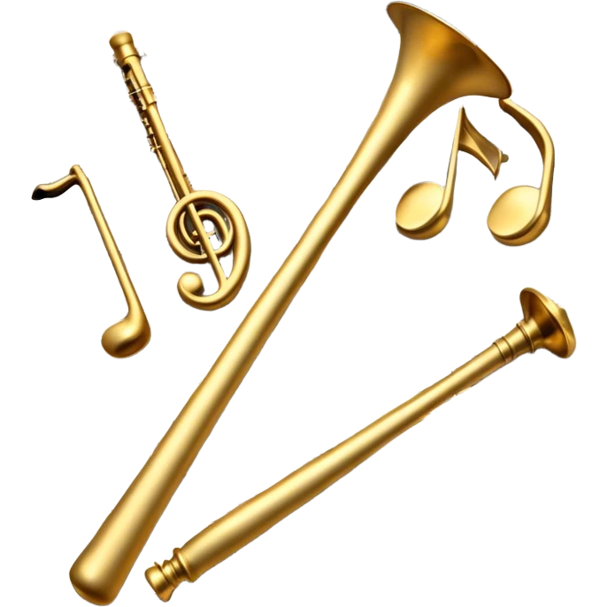 Create an elegant and artistic emoji that represents music arrangement and orchestration. The design should feature a conductor's baton, musical scores, and various orchestral instruments (drums, violin, trumpet, electric guitar, synthesizer). Incorporate flowing lines to represent harmony and orchestral balance, along with a subtle representation of sheet music. Use rich, classical colors like gold, silver, or deep blue, and create an atmosphere of sophistication and precision. The background should be transparent. emoji