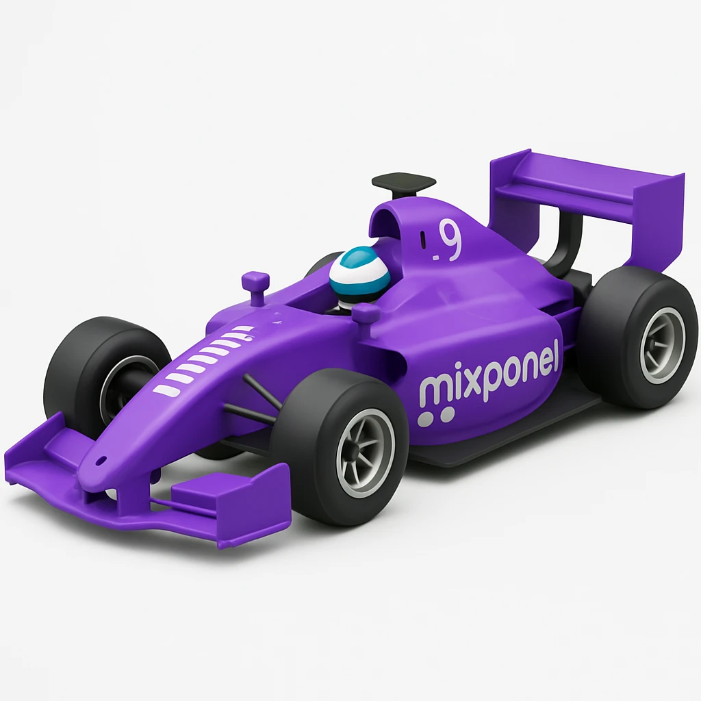 Add a Mixpanel logo to the F1 race car, keeping the purple and white color scheme and clean, modern look. Maintain the style and appearance of the original image. emoji