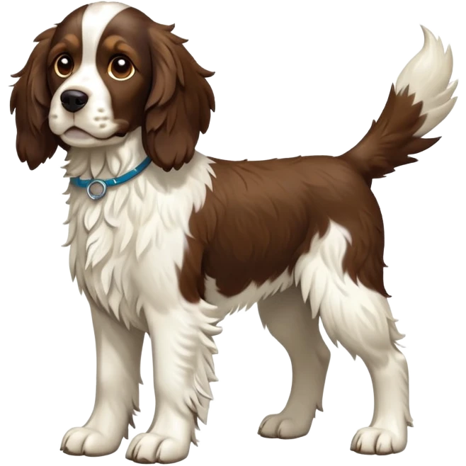 cinematic-[Springer Spaniel]-realistic-full-body-standing-emoji,-tail-resting-loosely-beside-its-paws,-head-tilted-dramatically, -scruffy-[brown and white]-fur,-simplified-yet-realistic-focused-features,-highly-detailed,-glowing-with-an-almost-sarcastic-glow emoji