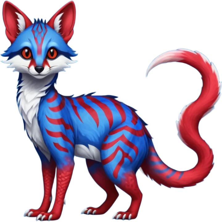 Feral Rare Fantasy vibrant dark shady shaded detailed cobalt-blue-crimson-red-gradients-colored colorful Vernid-Sergal-Genet-Trico-species by LiLaiRa, random markings, tufted tail, tufted ears, full body emoji
