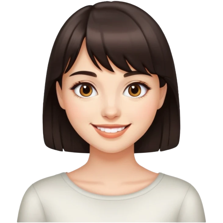 Young woman with dark brown bangs, natural light makeup, friendly smile emoji