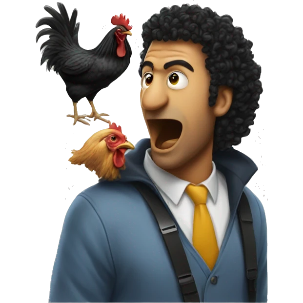 A chicken attacking a man with black curly hair emoji