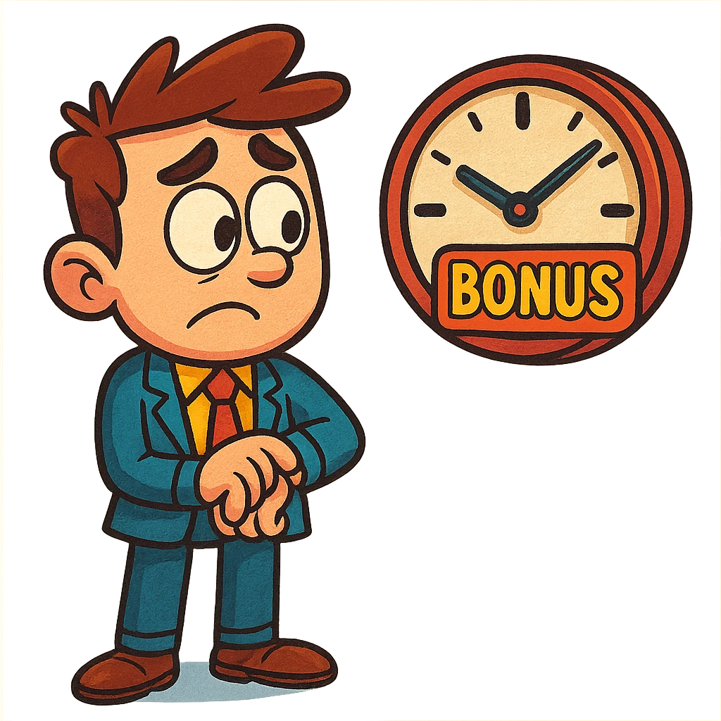 a cartoon character looking at a clock, waiting for a bonus slot, vibrant colors emoji