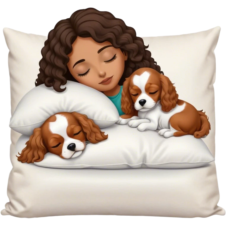 Curly dark hair medium length mixed girl sleeping on pillow with white and tan cavalier dog emoji
