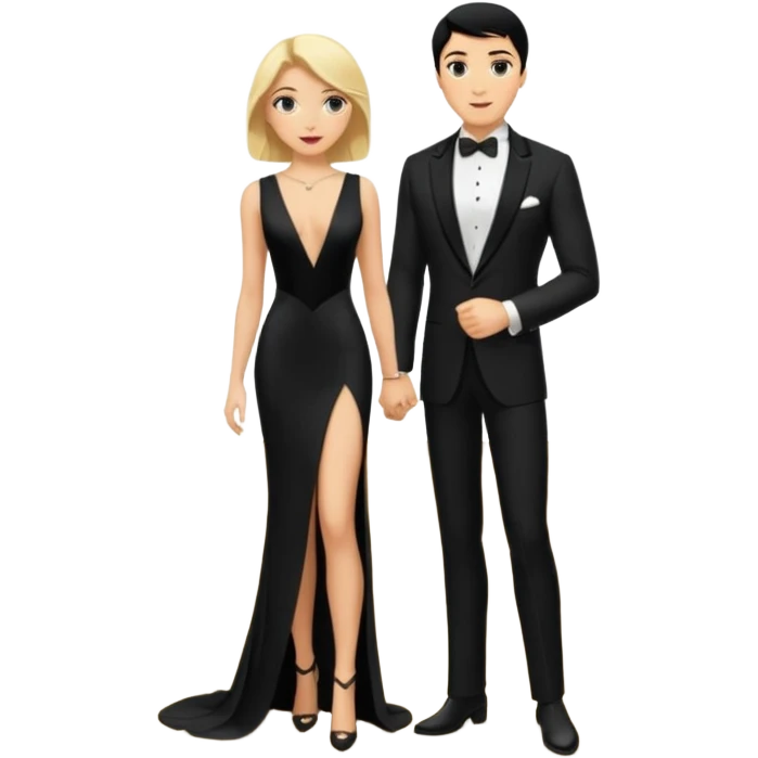 Blonde woman, black, Long, tight, sleveless Dress, Slot left Leg, man, black Hair, in Dinner jacket, Background ballroom emoji