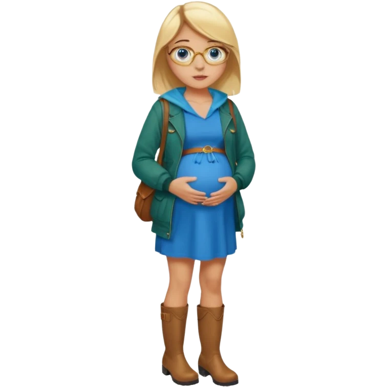 18 year-old pregnant between blonde and brown haired girl with golden glasses with blue eyes in a long bright blue dress and a dark green jacket over the dress and brown boots standing sassily emoji