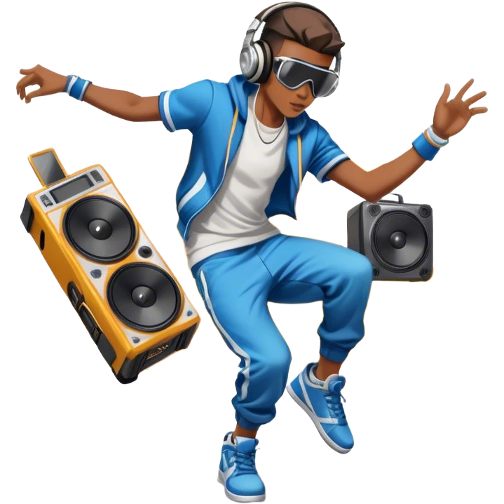 Icon for Street Dance: a dancer in urban streetwear performing a dynamic lower breakdance move, with a spray-painted background, headphones, and a boombox on the asphalt. The icon should capture the energy, style, and creativity of street dance culture. Transparent background. emoji