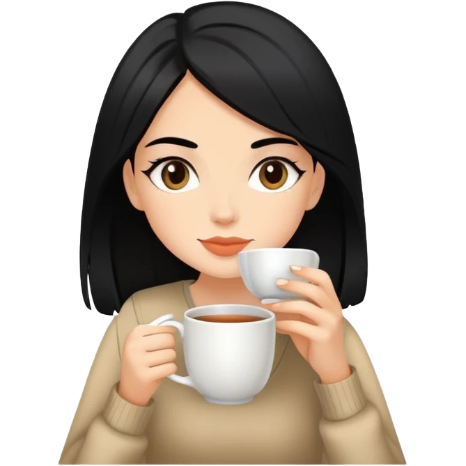 white girl with black hair doing self care, drinking tea, relaxing emoji