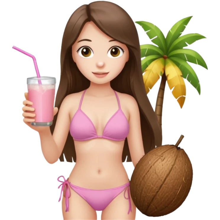 pretty white brunette teen long hair with hazel eyes and a small waist in light pink bikini holding a coconut drink emoji