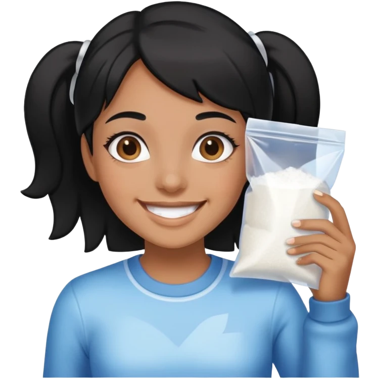 Black hair Girl smiling holding a clear ziploc bag with white powder emoji
