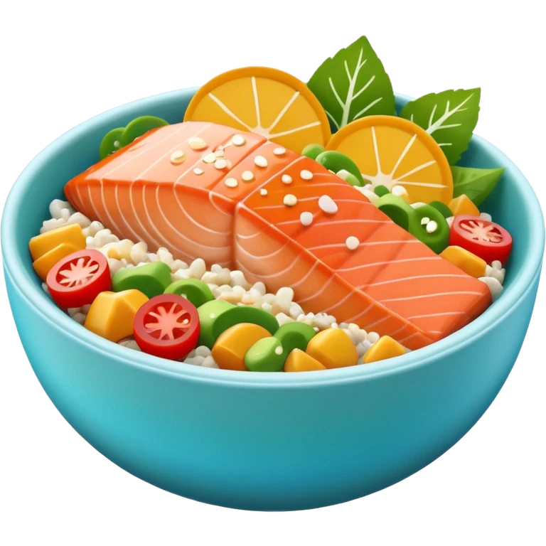 salmon poke bowl with smooth and three-dimensional texture without pixelation, salmon and toppings clearly visible, iPhone emoji style emoji