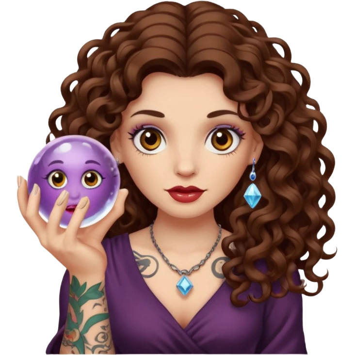 woman with long curly brown hair, brown eyes, white skin, tattoos, holding a crystal ball showing nonsense emoji