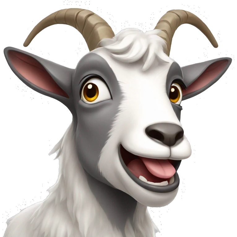 a grey and white goat making a silly face with the tongue out emoji