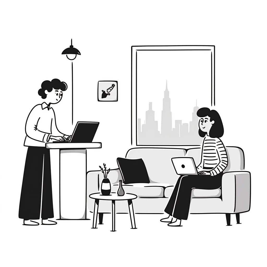 escenary 3d of a cozy mid-century living room with two people working on laptops, one man standing at a desk and one woman sitting on a couch emoji
