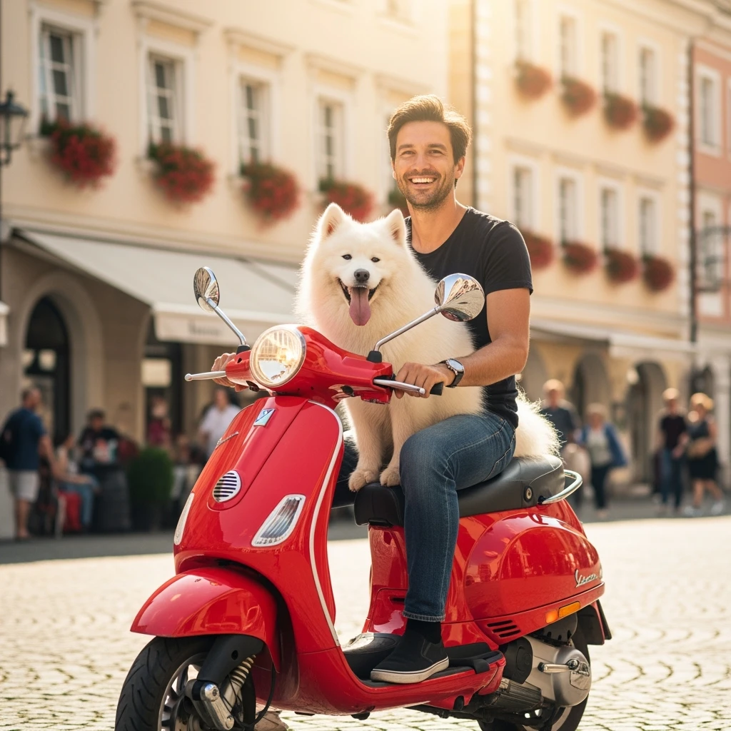 man and his pet dog riding a vespa emoji