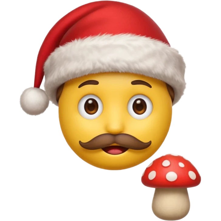 yellow emoji face with brown mustache and red Christmas hat, holding tiny red mushroom, 3D emoji style, 1:1
 emoji
