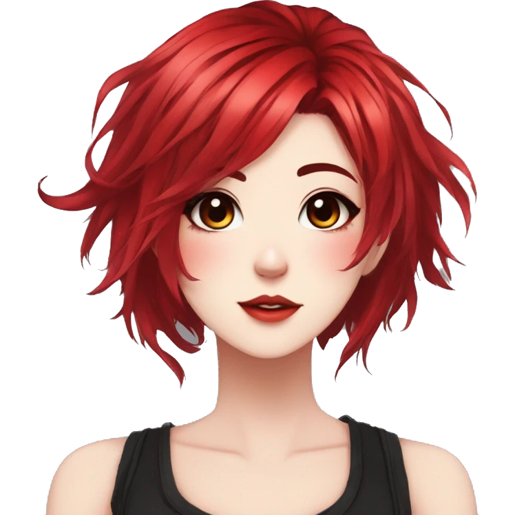 Gorgeous anime style lady with blushing face aesthetic and pretty edgy black red punk hair with hair garment trending style emoji