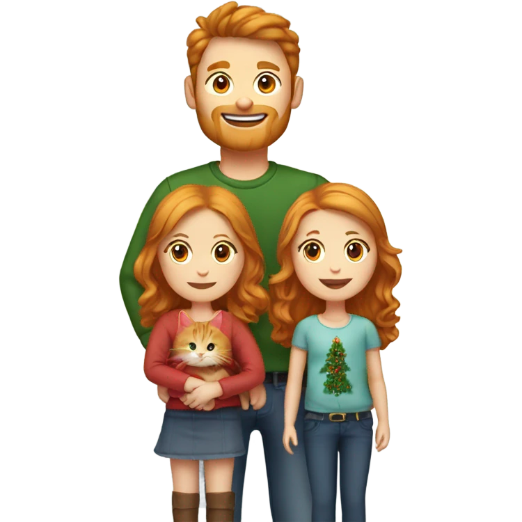 One ginger cat one Brown hair dad one brown hair mom and one blond little daughter wearing Christmas clothes emoji