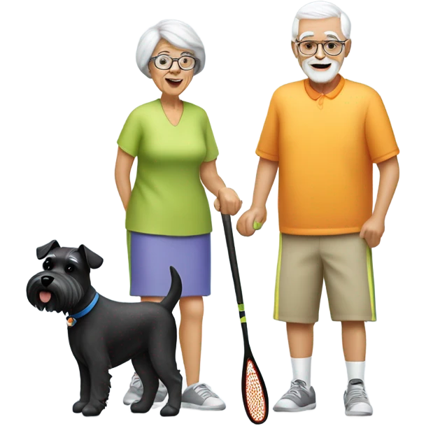 A grandma and a grandpa playing pickleball with a black and white schnauzer dog emoji