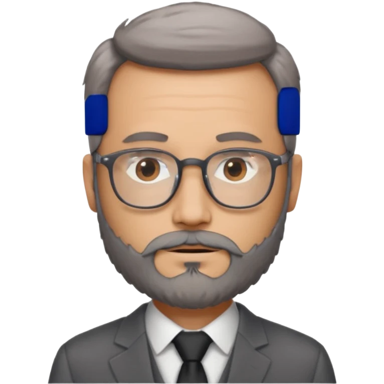 Create a figure that reflects an experienced entrepenurr but who has professional and elegant clothing, without hair, grey glasses, brown eyes and an unkempt beard  emoji