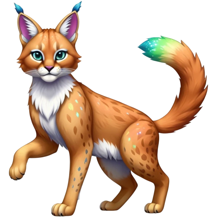 Vibrant multicolored Falvie-Fionbri-Bobcat-Caracal-creature-sparkle-feline-fursona, full body emoji