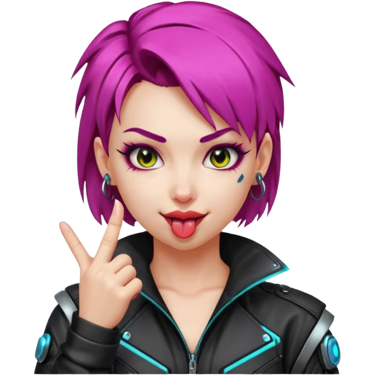 Woman with her tongue out in cyberpunk clothing and giving the middle finger. Looking naughty. emoji