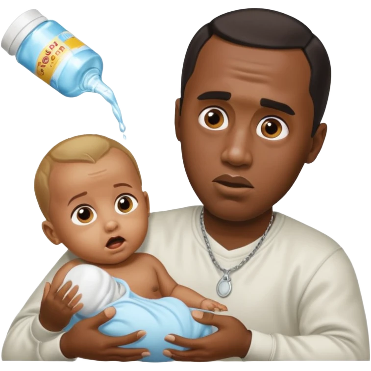 Sean “Diddy” Combs with baby oil and a very small infant and he’s pouring the baby oil on the baby and they have a scared face they’re really scared emoji