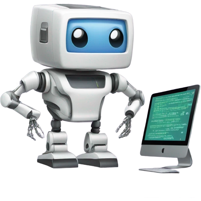 computer screen showing files with robot standing by emoji