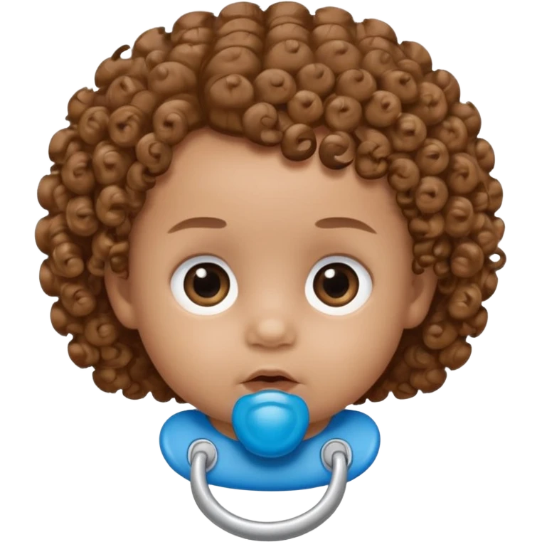 A baby with light brown skin, curly light-brown hair, wide brown eyes, and a blue pacifier.  emoji