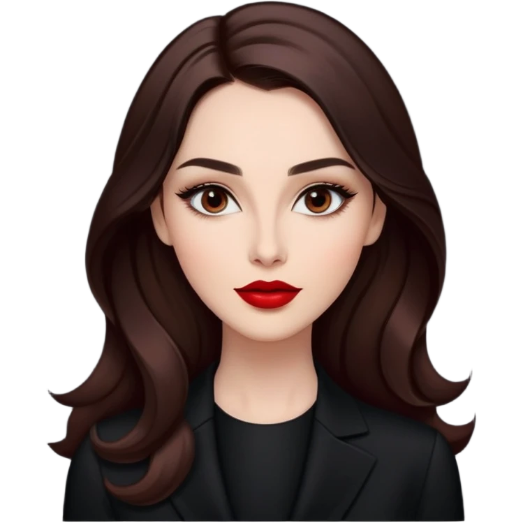 Professional actress with radiant fair skin, elongated face, large dark almond eyes with elegant makeup, defined eyebrows, full red lips, long dark straight hair with soft waves, wearing sophisticated black outfit, confident but approachable expression emoji