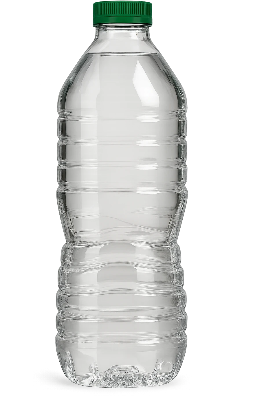 a clear plastic water bottle with a green cap, no label, in the style of Poland Spring, transparent, simple design emoji