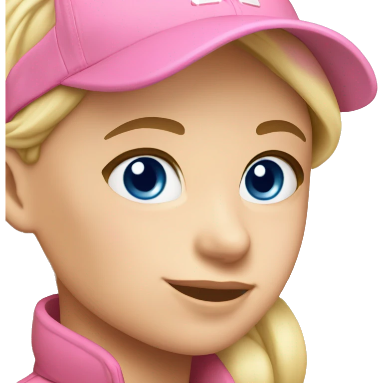 Blonde girl blue eyes wearing pink ball cap with ponytail emoji