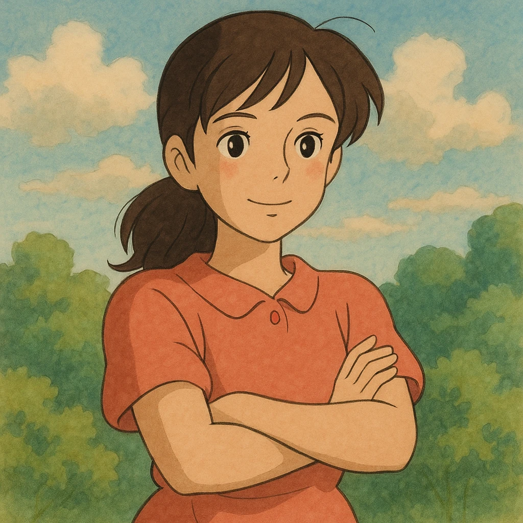a woman crossing her arms, ghibli style emoji
