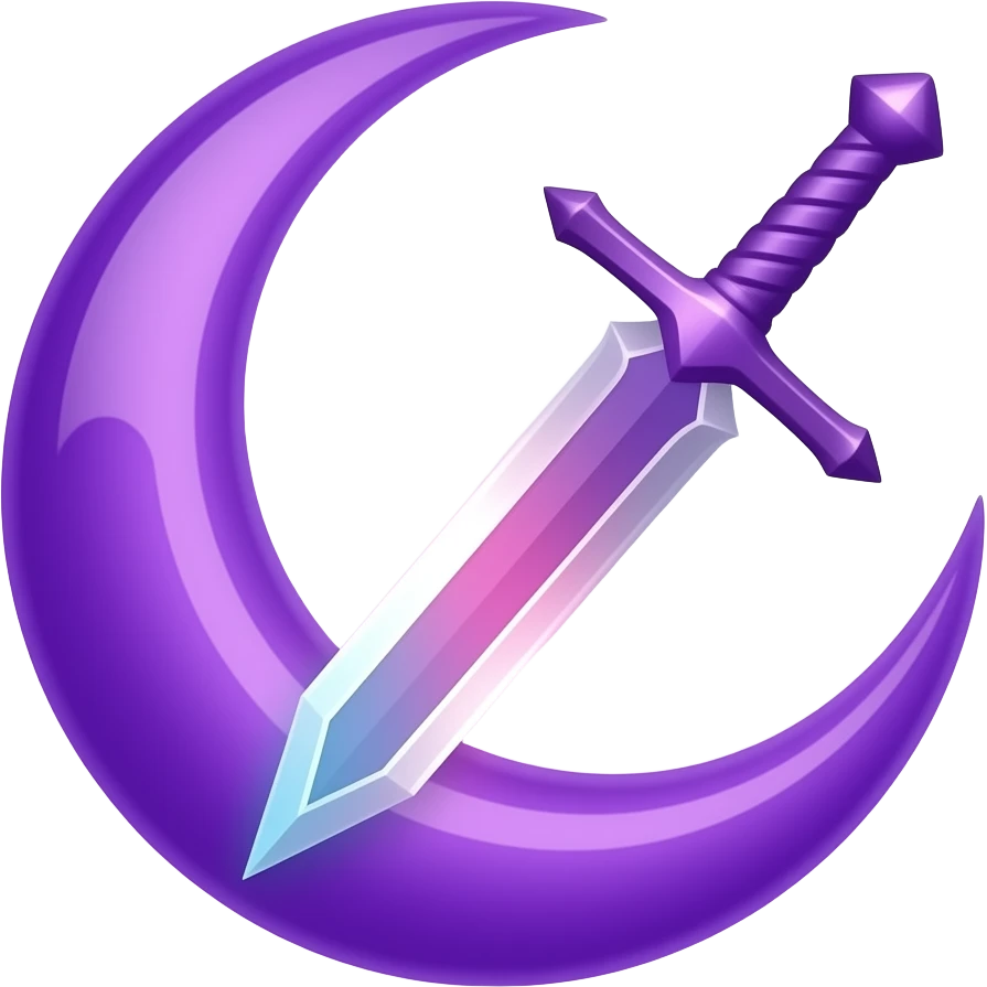 Glowing dark purple detailed crescent moon with an elegant detailed glowing transparent sword, emoji style. Soft violet and pink glow, minimal clean design, smooth edges, subtle lighting, centered, high contrast, transparent background. emoji