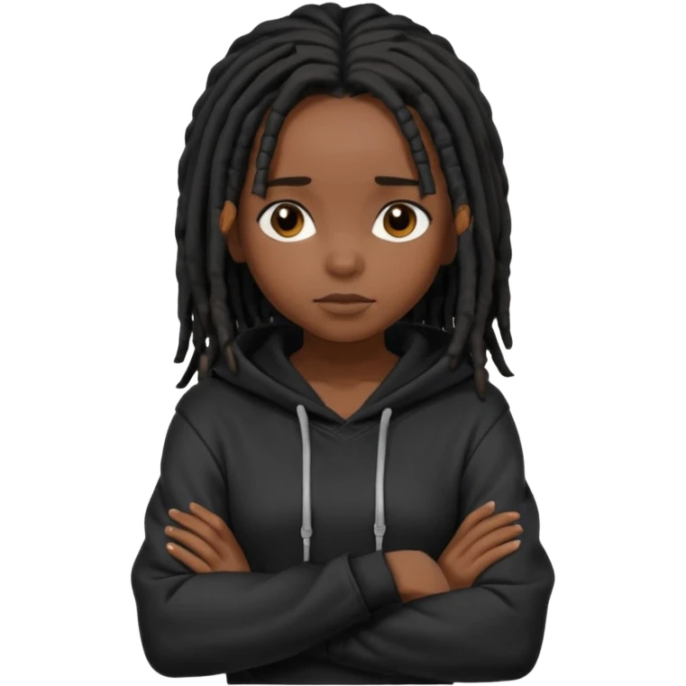African American dark skin girl with shoulder length black dreadlocks wearing a plain black hoodie with arms folded emoji