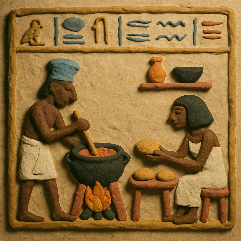 ancient Egyptian cooking scene in hieroglyphic style emoji