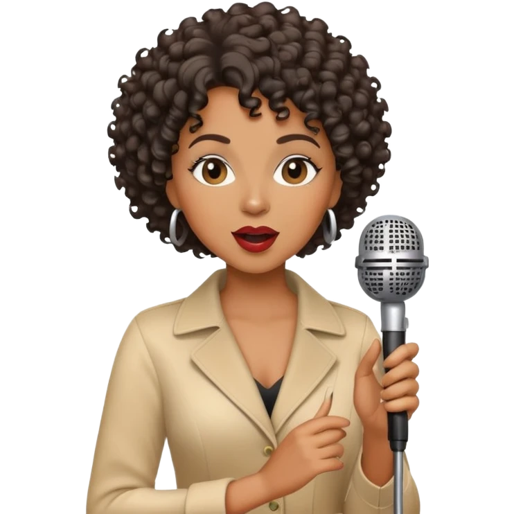Black woman jazz singer, short curly hair, holding a microphone, singing emoji
