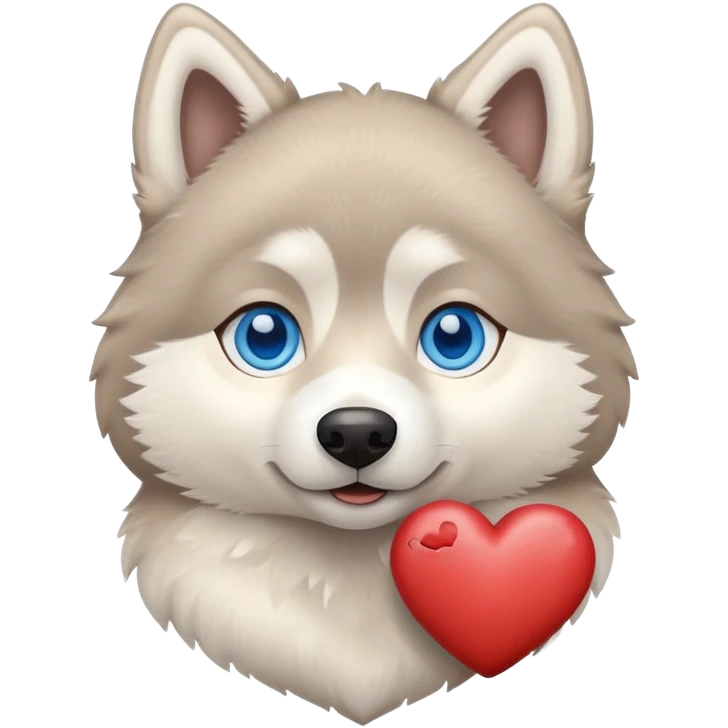 Beige husky with blue eyes holding a brown heart emoji