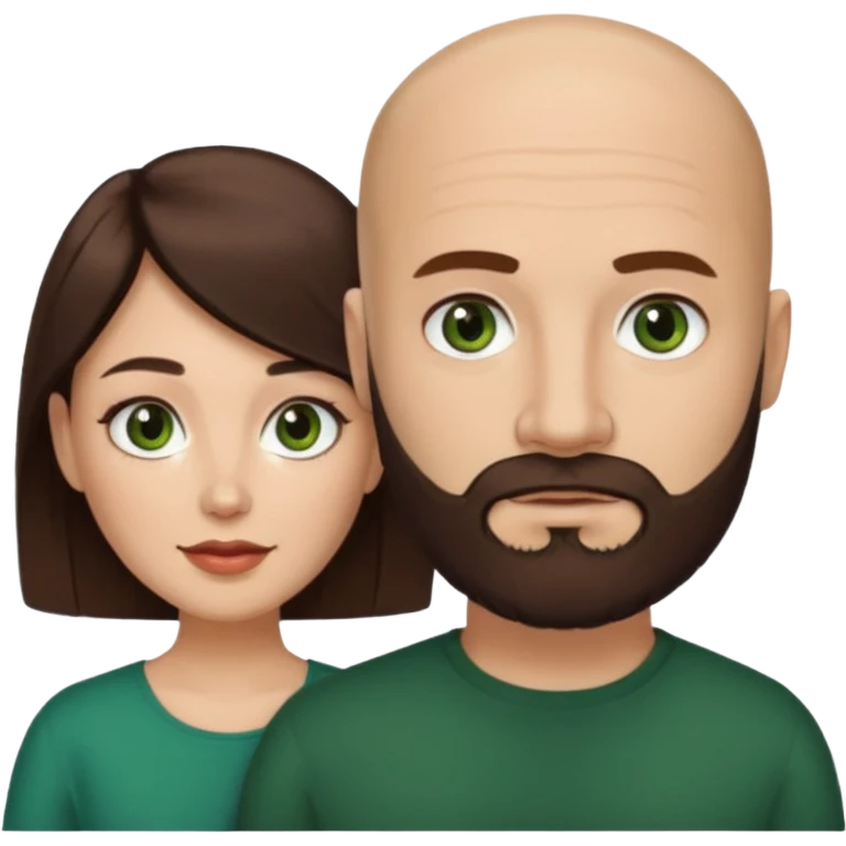 Man beard bald white dark green eyes, woman medium hair brown brown eyed latina  emoji
