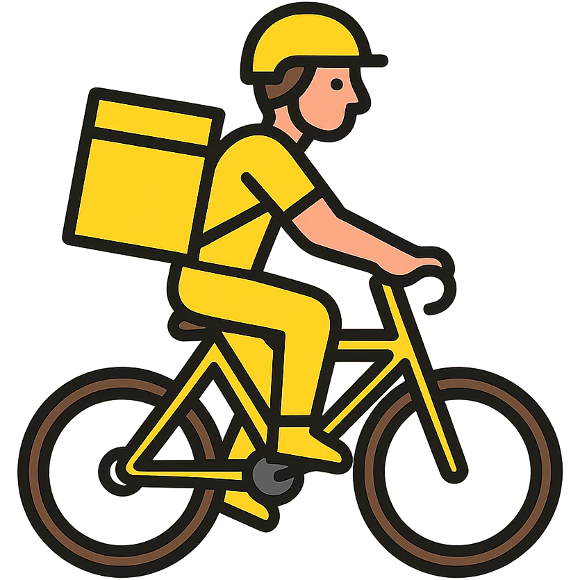 A courier on a yellow bicycle wearing yellow clothes, riding from left to right emoji