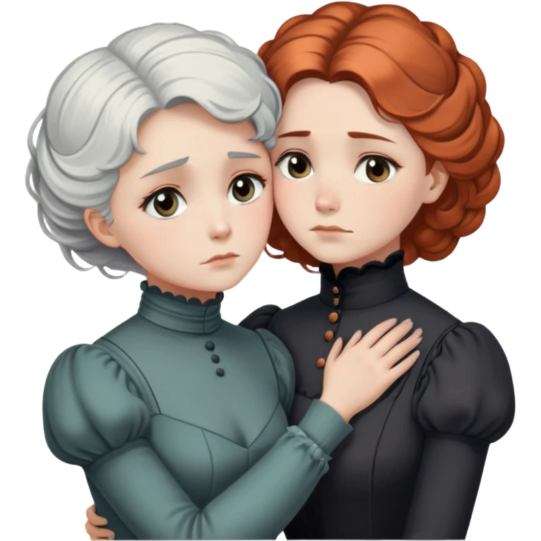 Two Victorian women in a sad intimate hug, one with white coiffed hair and one with copper coiffed hair, both with grey eyes, wearing Victorian turtleneck dresses emoji