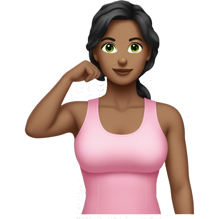 Pretty woman black hair green eyes wearing pink clothing pilates workout emoji