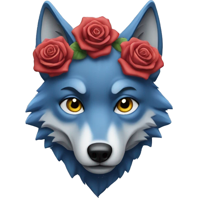 Sad blue wolf, with a serious face, holding a rose  emoji