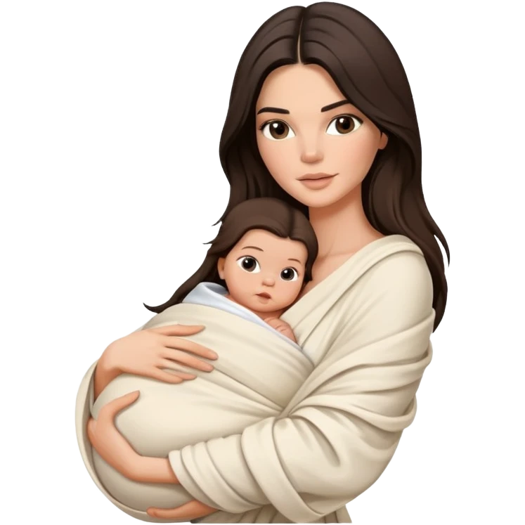 brunette Kendall Jenner with long hair holding newborn baby in swaddling cloth emoji