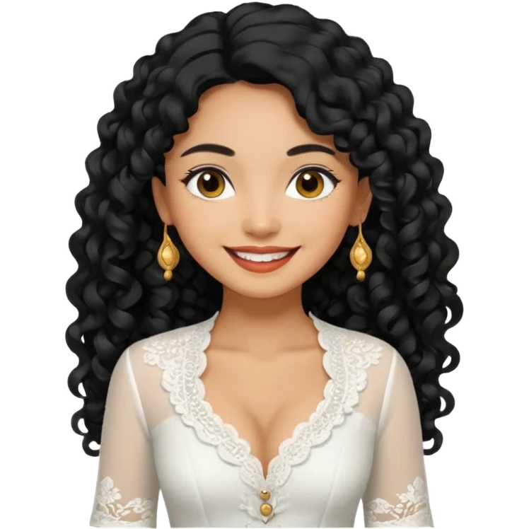 tan skin women, with black long Curly hair, wear white kebaya  emoji