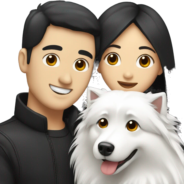 a man with black hair and a woman with black long hair hugging two white japanese spitz dogs emoji