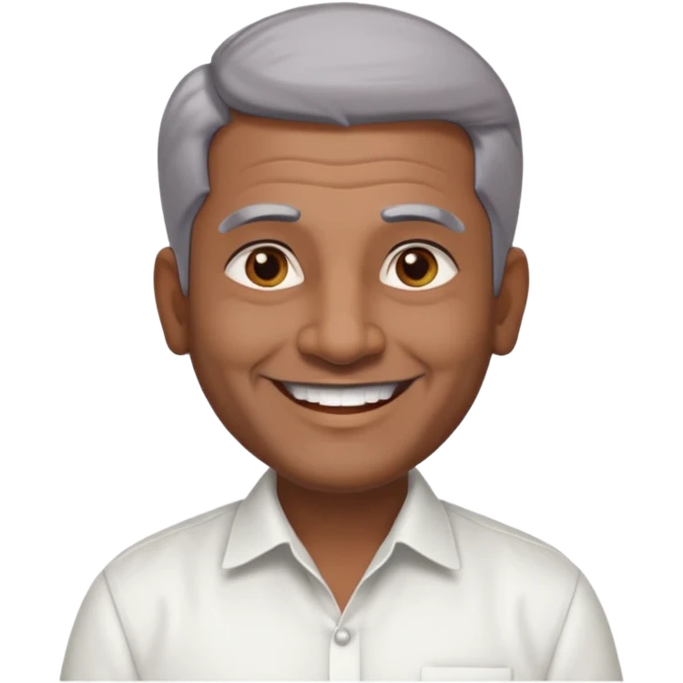 50 yr old indian man, dark skin, grey hair, big smile, white teeth, chubby, no moustache, clean shaven, young style hair, hair brushed back, 5 oclock shadow, bindy on forehead, dress shirt emoji